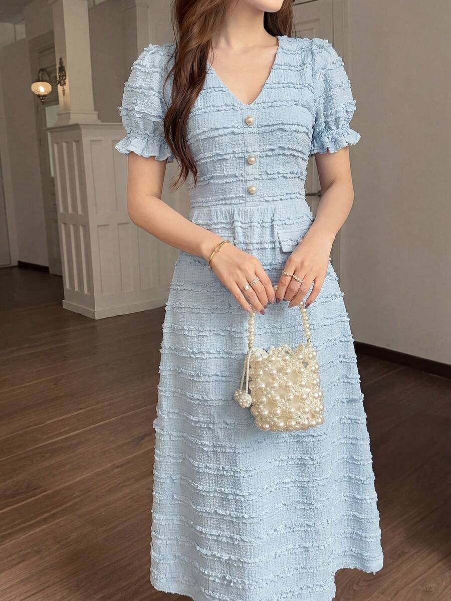 Feyla 女款優雅紋理腰部鈕扣中長洋裝，夏季