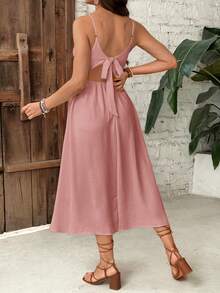 SHEIN Maternity Solid Color Casual Side Slit Spaghetti Strap Dress - Dusty Pink - View 2