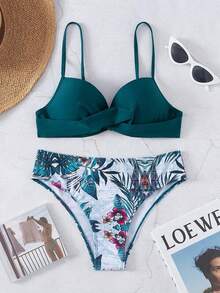 Swim Lushoire 熱帶印花比基尼套裝扭結提臀扣飾後文胸和低至臀部下裝2入組泳衣 - 水鴨藍 - 查看 6