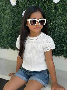SHEIN LMoss Kids LMoss Young Girl Knitted Solid Color Round Neck Lace Ruffle Trim Fitted T-Shirt - White - View 3