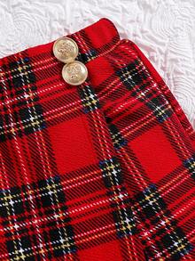 SHEIN Tween Girl Autumn/Winter Cute Knit Red Checked Long Sleeve Top Elastic Waist Plaid Shorts Set, Casual Elegant Outfit Back-To-School School - Red - View 5