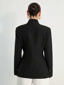 Aveloria Modichic 歐美新時尚百搭優雅極簡通勤女款西裝外套，金屬扣飾、純色、高級感無領設計 - 黑色 - 查看 6
