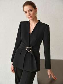 MOTF PREMIUM WOMEN'S SOLID COLOR METAL DECOR COMMUTER BLAZER - Black - View 8