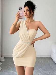 Elenzga Asymmetrical Fabric Patchwork Diamond Decor Bodycon Elegant Sexy Romantic Exquisite Women's Dress Ruched Formal Gown Night Out Wedding Peach Summer - Apricot - View 5