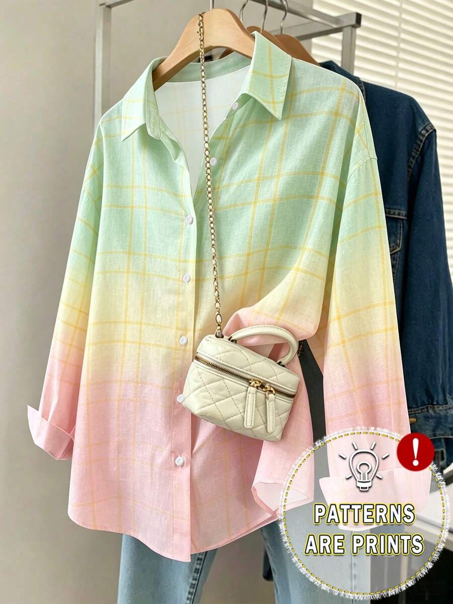 SHEIN 女士夏季渐变格子单排扣休闲百搭日常衬衫 - 彩色 - 查看 1
