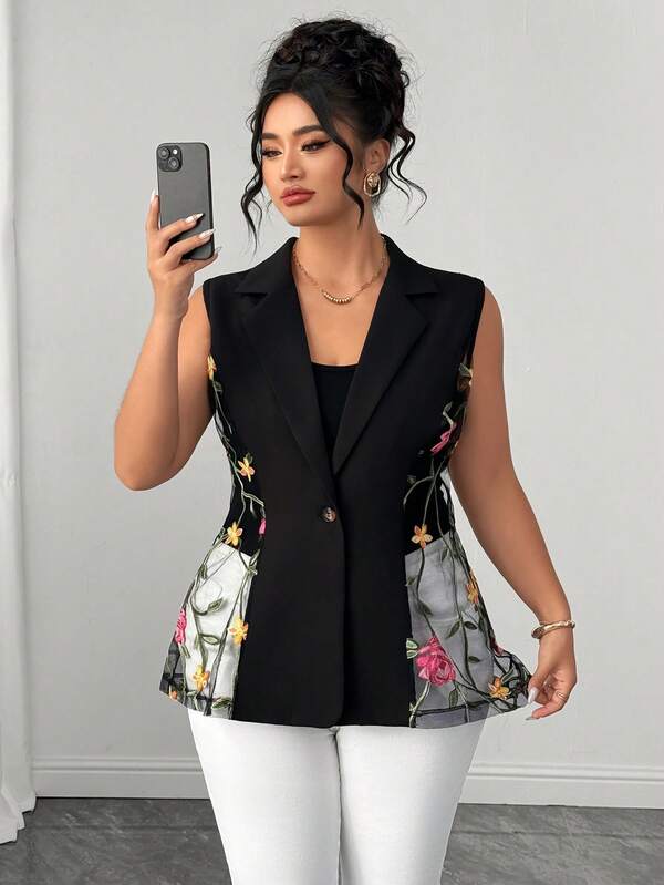 Elenzga Plus Size Women's Embroidered Mesh Patchwork Sheer Elegant Sleeveless Blazer