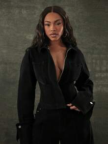 Denimoi Cinched Waist Corset Detail Cropped Button Front Collared Velvet Denim Cuffed Denim Jacket - Black - View 4