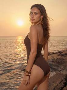 Anewsta Women's Solid Color Backless Halter Monokini Swimsuit For Summer Beach Vacation - Brown - View 5