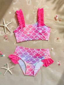 SHEIN Conjunto de traje de baño de 2 piezas para niñas con estampado de escamas de pez en degradado colorido y tirantes de hombro con volantes morados, detalles de volantes en el dobladillo, estilo fresco y lindo para vacaciones, adecuado para playa, vacaciones de verano, fiesta de natación, piscina - Rosa Fucsia - Ver 1