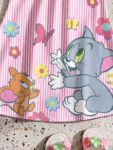 TOM & JERRY X SHEIN GraphicGems 女嬰粉色條紋A字版蝴蝶結肩帶洋裝 - 粉色 - 查看 4
