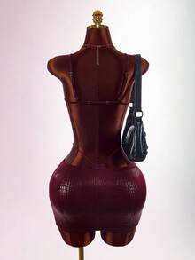 Amplova Vintage Wild Burgundy Schlangenhaut Sexy Jumpsuit & Tieftaille Rock 2 Stücke Set - Bordeaux - Übersicht 8