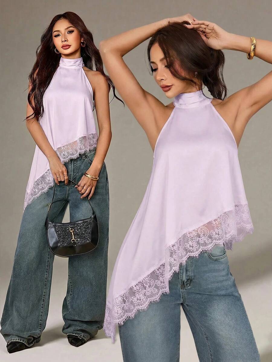 SHEIN PETITE 不對稱高領掛脖上衣,蕾絲飾邊,晚宴派對款 - 淡紫色 - 查看 1