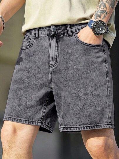 Manfinity Homme Men's Casual Versatile Loose Denim Shorts With Side Pockets Vacation Dark Wash Summer
