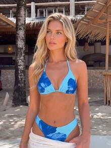 Swim Chiccia Springbreak 2025 Women Summer Beach Floral Print Halter Tie Front Sexy Bikini Two Pieces Swimwear Set - Blue - View 1