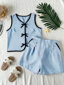 SHEIN ChillGRL Teen Girls Summer Fashion Versatile Sweet Style Sleeveless Tank Top & Shorts 2-Piece Set, Round Neck Cardigan With Bow & Button Decor, Woven Fabric Soft & Comfortable, Elegant Sweet Choice For Party & Birthday - Multicolor - View 9