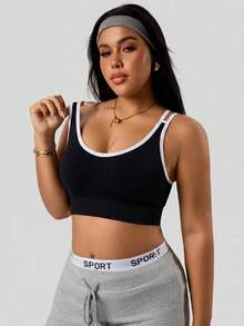 SHEIN Sports Women's Plus Size Colorblock Everyday Fitness Sports Bra - Black - View 2
