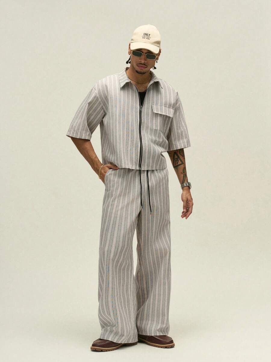 ÉpureWay 日常街头风,夏季度假男士休闲纱线染色条纹拉链短袖衬衫和阔腿裤套装,轻盈透气梭织面料,完美打造休闲度假风,是送给男友的理想礼物,适合夏季和情人节穿着。 - 彩色 - 查看 1
