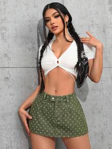 SHEIN Tall 夏季休閒波點迷你牛仔裙 - 軍綠色 - 查看 5