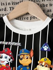 SHEIN | PAW Patrol 小男孩條紋卡通印花T恤短褲套裝 - 白色 - 查看 3