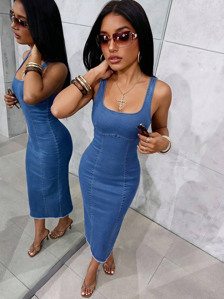Jeanoix Plus Size Women's Square Neck Sleeveless Fitted Casual Denim Dress Date Night Formal Navy Blue Summer - Blue - View 1