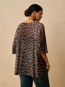 Travachic Plus Size Women's Leopard Print Round Neck Short Sleeve Casual Loose Fit T-Shirt Fall - Multicolor - View 2