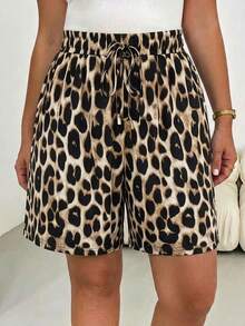 Shapeblank Casual Vacation Retro Leopard Print Plus Size Women's Ruffle Waist Bow Tie Shorts, Suitable For Summer - Multicolor - View 4