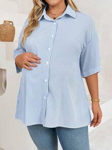 Plussiva Top Casual Listrada Plus Size para Gestantes - Azul - Visão 4