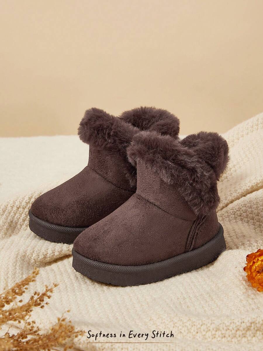 Cozy Pixies 女童咖啡棕色麂皮套腳時尚保暖抓絨內裡舒適雪地靴，秋冬日常行走戶外嬰兒雪地靴 - 咖啡 - 查看 1