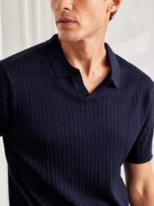 Officeau 男士复古 Polo 领短袖针织衫上衣，夏季新款藏蓝色竖条纹飞机领短袖毛衣 T 恤套装 - 藏蓝色 - 查看 7