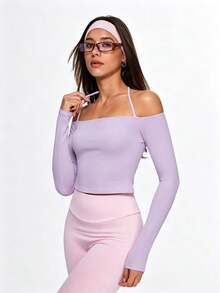 Eassivo Eassivo 女款舒適極簡純色長袖露肩運動T恤瑜伽服 - 淡紫色 - 查看 4