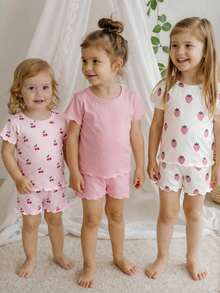 SHEIN Playful Pals 6 Peças Conjunto Casual Diário para Bebê Menina com Top de Manga Curta Gola Redonda Listrado em Damasco Branco e Rosa com Cintura Elástica, Versátil para Passeios ou Conforto em Casa, Primavera/Verão - Rosa chiclete - Visão 2