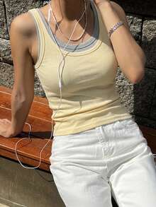 DAZY Women's 2 In 1 Ribbed Slim Fit Casual Round Neck Tank Top Summer - Yellow - View 3