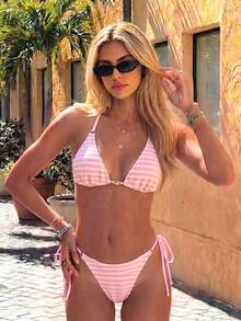 Swim Mod Women's Striped Special Fabric Metal Decor Lace-Up Halter Triangle Cup Sweet Sexy Bikini Two-Piece Swimsuit Set - Pink - View 1