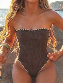 SHEIN Swim Burkini Bandeau Minimalis dengan Tepi Bergelombang untuk Wanita - MultiWarna - View 4