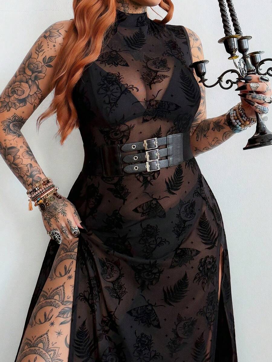 Whyspr Dark High Slit Sheer Long Black Asymmetrical Pattern Dress - Black - View 1