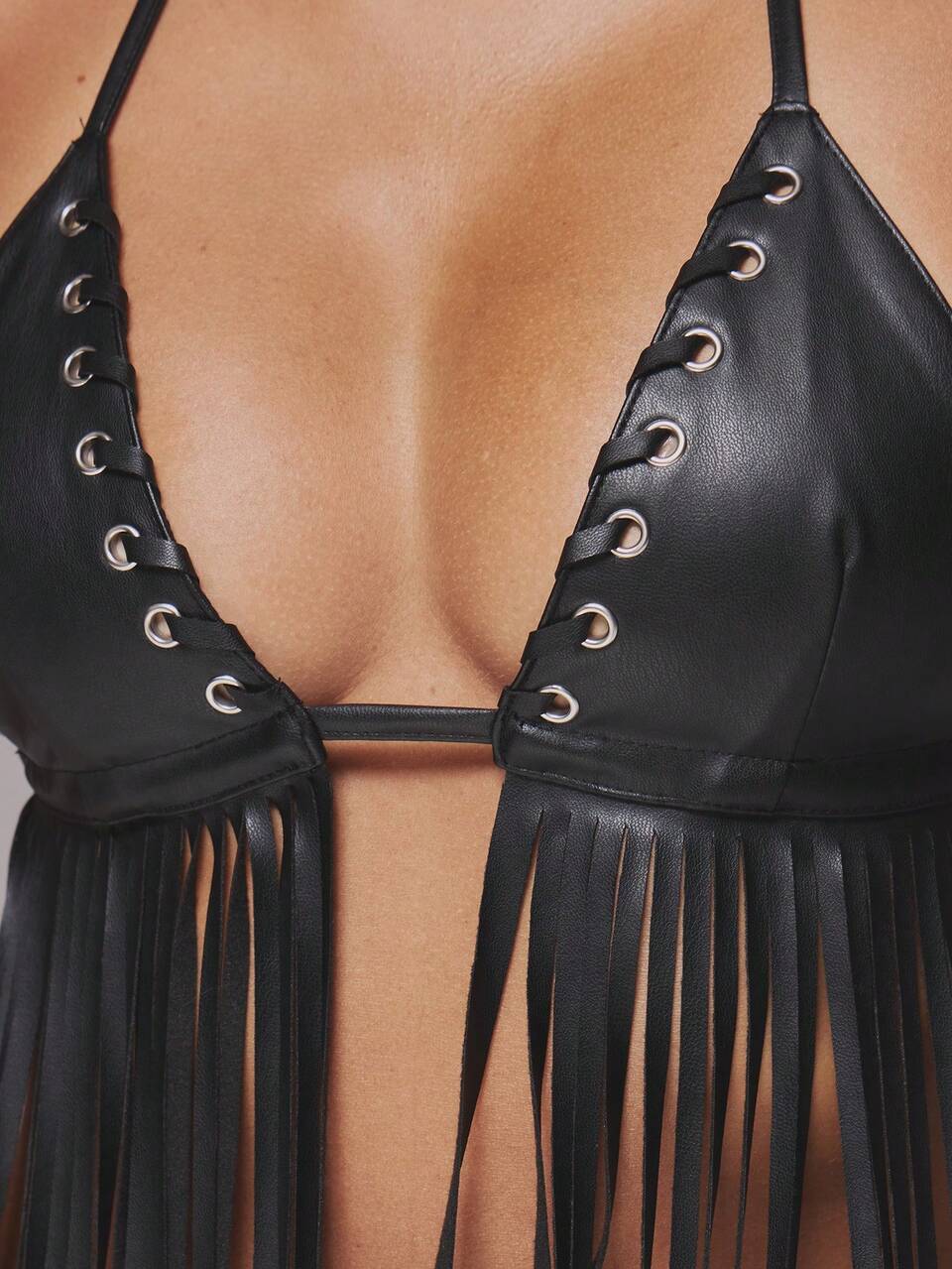 Black Woven Eyelet Detail Faux Leather Extreme Maxi Fringe Tie Back Triangle Bralette Top