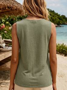 SHEIN Holidaya Áo tank top nữ thêu dày màu trơn phong cách thường ngày cho mùa hè - xanh quân đội - Xem 2