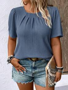 EMERY ROSE Plus Size Casual Solid Color Puff Sleeve Blouse - Blue - View 6