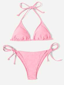 Swim Vcay Women's Summer Beach Solid Color Halter Tie Sexy Bikini And Triangle Bottom Two-Piece Swimsuit Set - Baby Pink - View 1