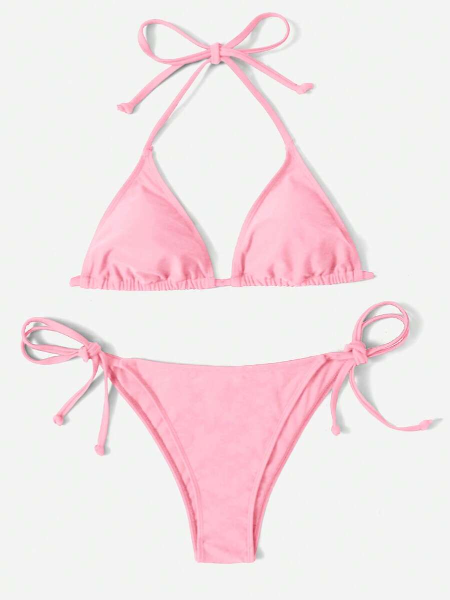 Swim Vcay Women's Summer Beach Solid Color Halter Tie Sexy Bikini And Triangle Bottom Two-Piece Swimsuit Set - Baby Pink - View 1