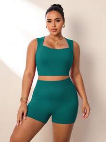 SHEIN Rhythm Era 2件組女款大尺碼運動套裝 羅紋無縫U領背心與短褲套裝，瑜伽套裝 高腰高彈力3/4短褲 - 墨綠色 - 查看 3
