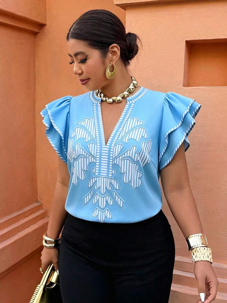 Weeklong Spring/Summer Women's Plus Size Printed Ruffle Loose Top, Casual Elegant Vacation Blouse Formal Evening Blue - Multicolor - View 1