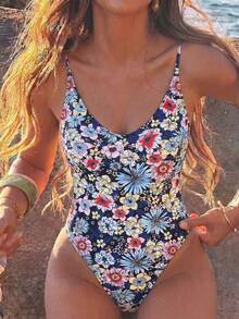 Swim Lushoire 女款龍蝦印花露背極簡性感熱帶波希米亞風連身泳衣 海灘派對度假海軍藍花卉夏季款 - 彩色 - 查看 7
