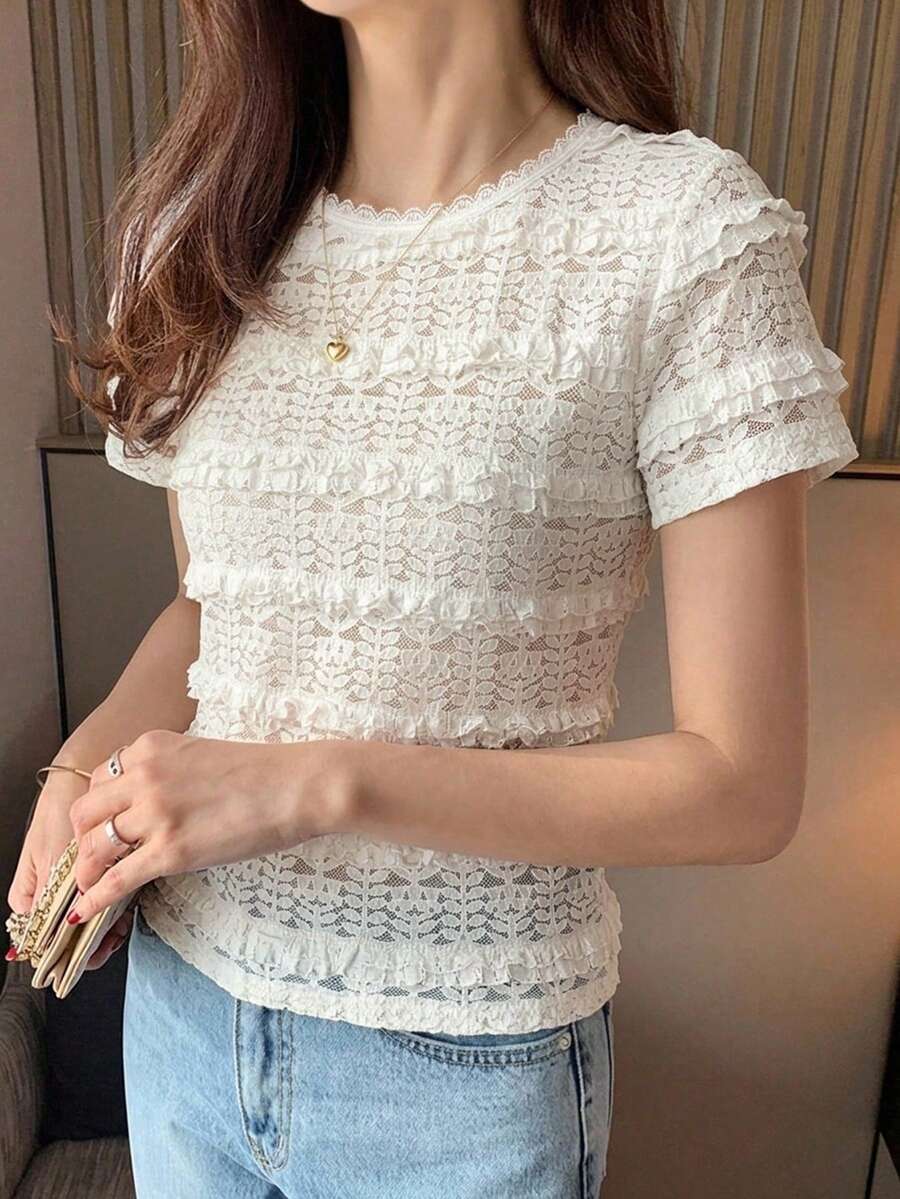 DAZY Women's Round Neck Solid Color Basic White Short Sleeve T-Shirt, White, Spring/Summer - White - View 1