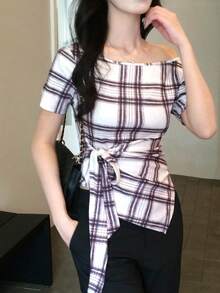 DAZY 女款露肩格紋時尚約會與外出連身裙 夏季 - 淺灰色 - 查看 6