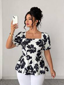 Elenzga Blusa elegante casual versátil para mujer talla grande, manga abullonada, cuello cuadrado, cintura ceñida, para vacaciones y salidas, nueva primavera/verano - Multicolor - Ver 6