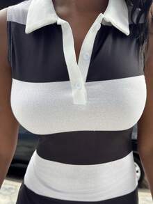 Alexandranx Striped Contrast Color Sleeveless Polo Collar Bodycon Mini Dress, Casual Comfortable Stretchy Slimming Short Dress For Daily Wear Elegant Summer - Multicolor - View 5
