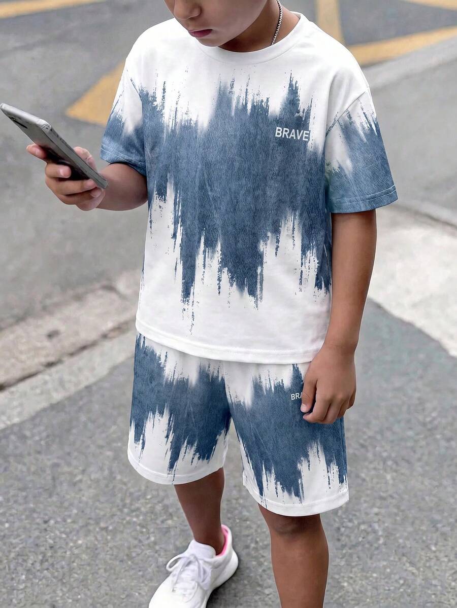 Young Boy Casual Minimalist T-Shirt Set, Classic Gradient Pattern Print, BRAVE Text Graphic Print, Suitable For Spring And Summer - Multicolor - View 1