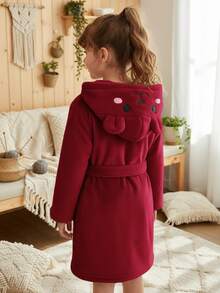 LMoss Kids 少女款針織刺繡毛絨休閒連帽秋季開襟衫居家服 - 酒紅色 - 查看 1