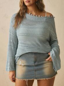 Freevana Plus Size Solid Color Boat Neck Knit Loose Bell Sleeve Top Suitable For Daily Wear Vacation Dusty Blue Autumn Traditional Fall Winter 2026 - Mint Blue - View 11